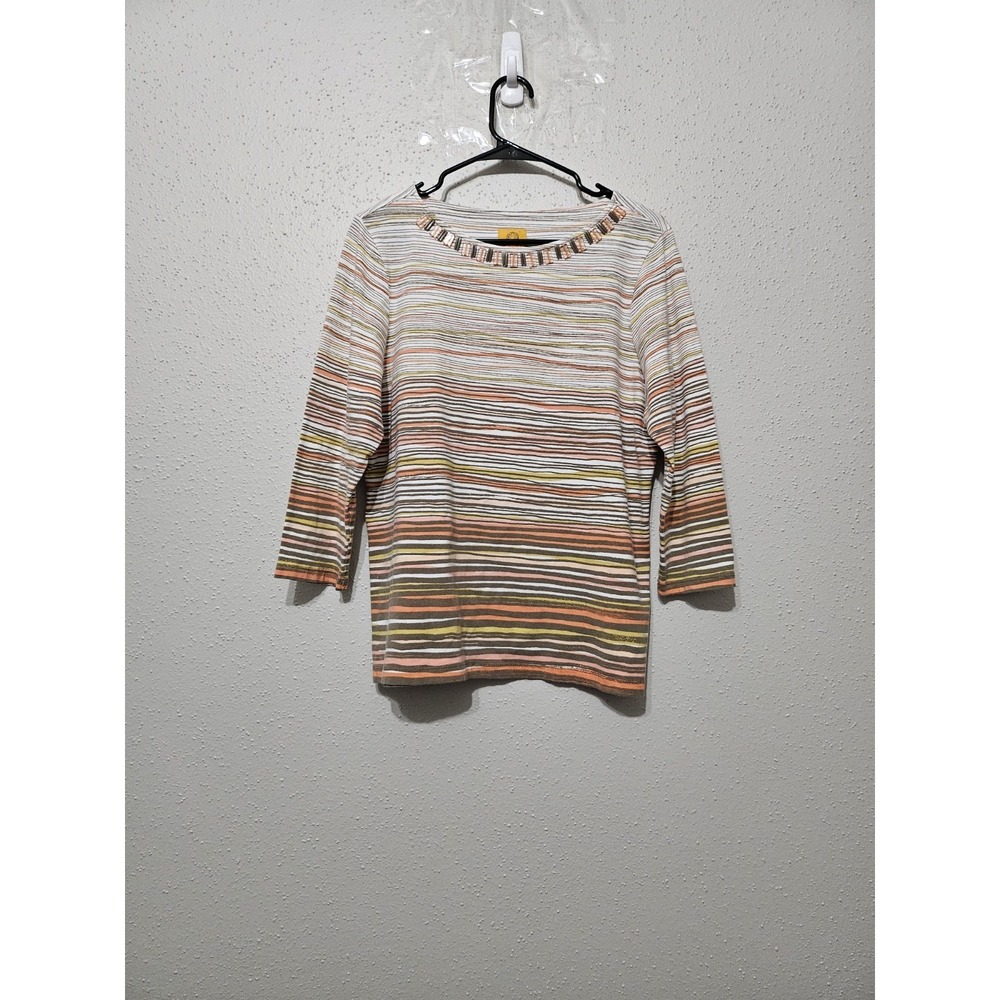 Ruby Rd Striped Beaded Neckline Top Women L 3/4 Sleeve Y2K Stretch Blouse